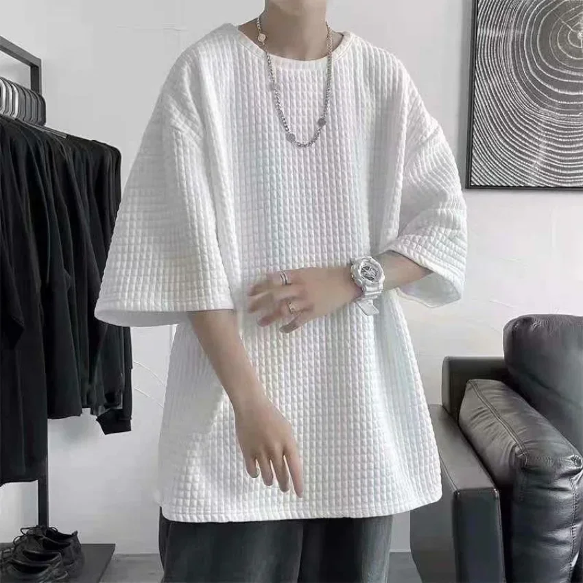 الهراء تي شيرت الرجال حجم كبير الصيف فضفاض س الرقبة قصيرة الأكمام الرجال خمسة أرباع الأكمام Ins عادية مريحة تي شيرت #4