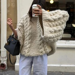 Oversize Knit Pullover Women Casual Lazy Round Neck Kink Solid Sweater Female Autumn Winter Loose Sleeves Knitwear Lady