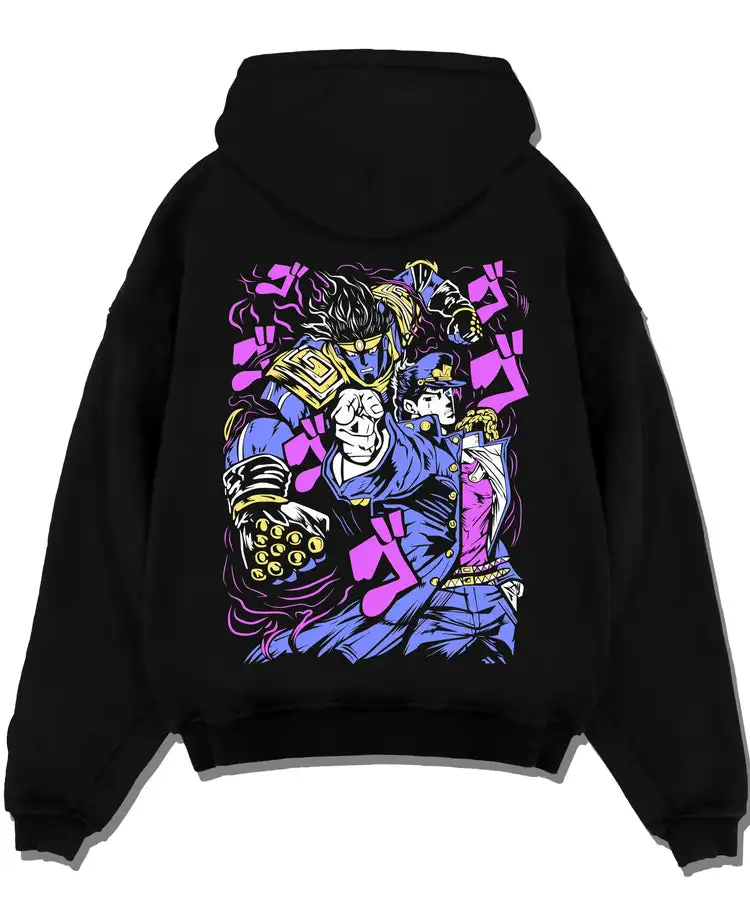 JoJo Bizarre Adventure Kujo Jotaro & Jolyne Hoodie Back Print Long Sleeve Pullover Unisex Anime Streetwear Sweatshirt
