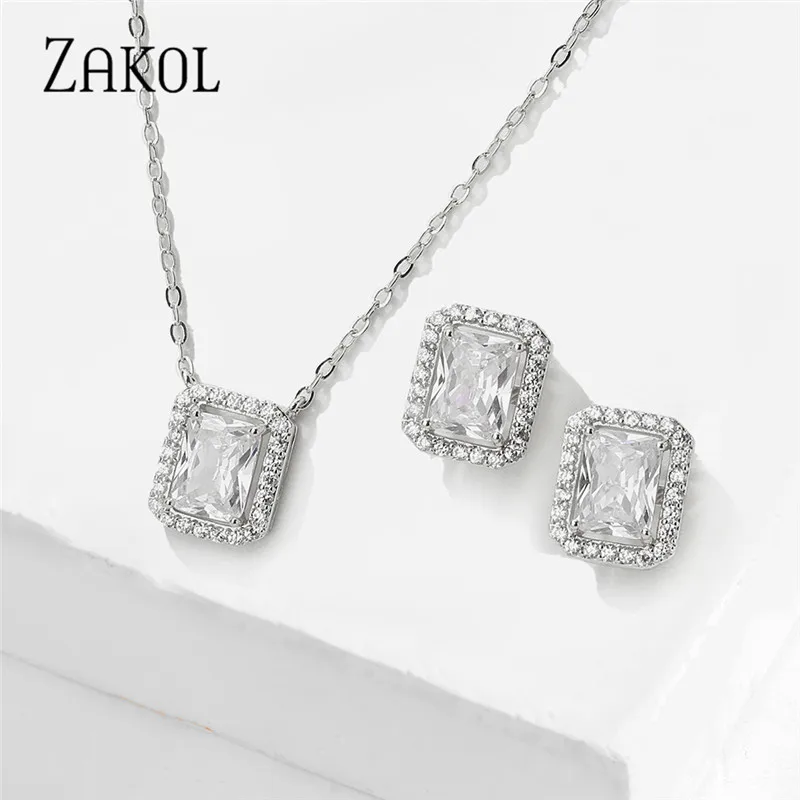 ZAKOL Classic Sliver Color Square Cubic Zirconia Jewelry Sets for Women Luxury Bridal Wedding Party Necklace Earrings Set SP3347