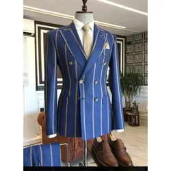 Aangepaste Brede Streep Mannen Pakken Piekte Revers Contact Eerste Slim Fit Tuxedo Blazer Prom Trouwjurk 2 Stuks Jas + broek