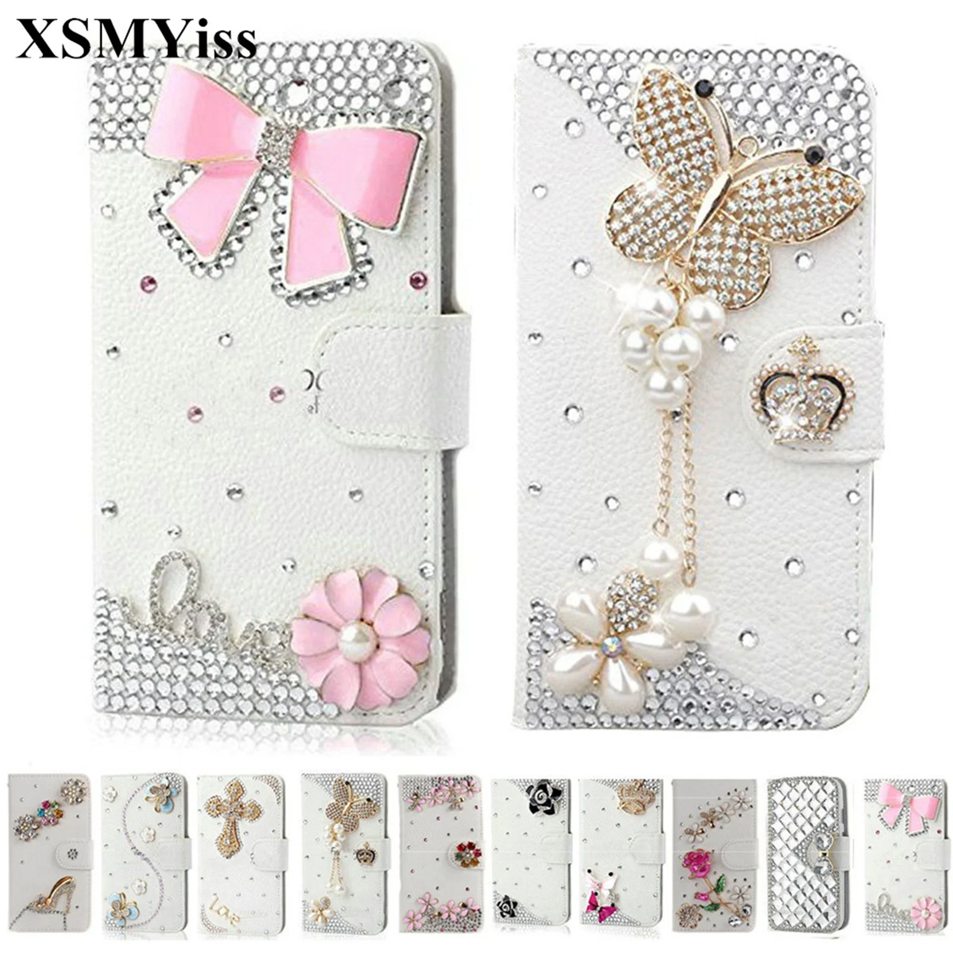 

XSMYiss Fashion Bling Diamond Rhinestone Leather Flip Wallet Cover Phone Case For Iphone 16 15 14 13 12 11 Pro Max XR XS 16Pro