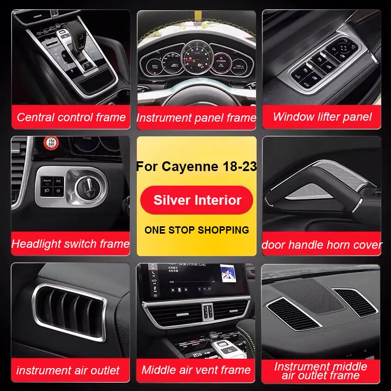 

For Porsche Cayenne 2018-2023 Car Silver Dashboard Steering Wheel Rear Air Conditioning Vent Frame Interior Decoration Frame