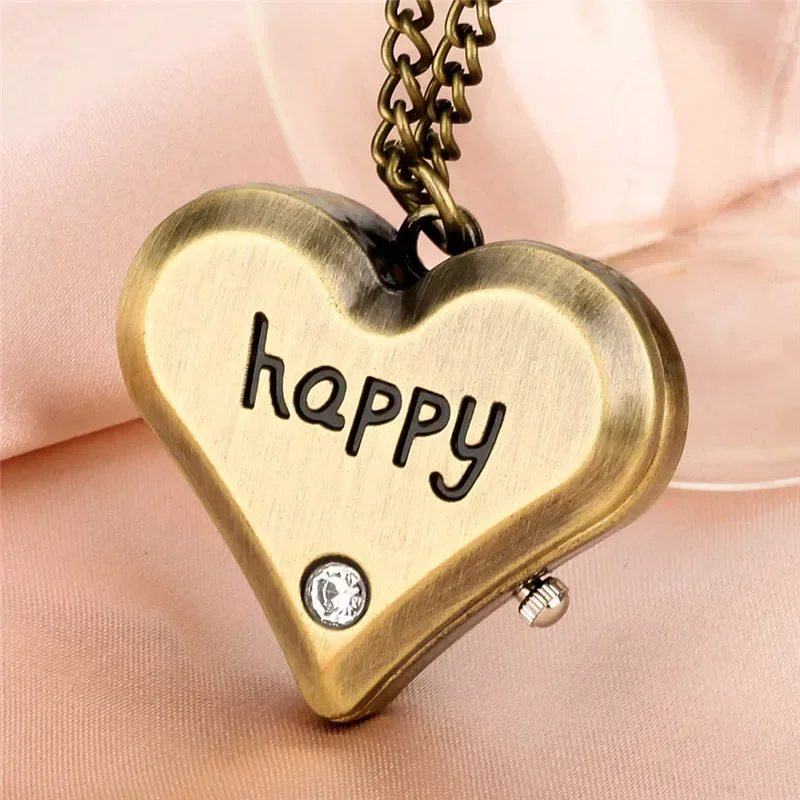 

Vintage Bronze Engraved Happy Words Crystal Deco Unisex Quartz Pocket Watch Sweater Necklace Fob Chain Collectable Timepice Gift