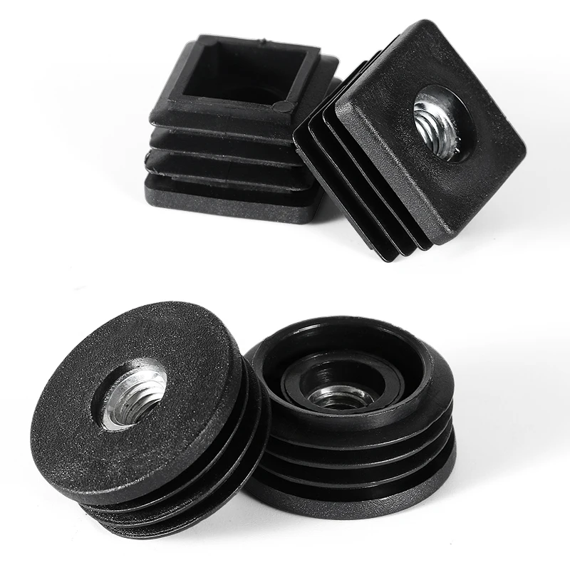 4/10pcs Black Square/Round Blanking End Caps Pipe Tube Plastic 15 16 19 20 25 30 32 38 50mm Inserts With M6 M8 M10 Metal Thread