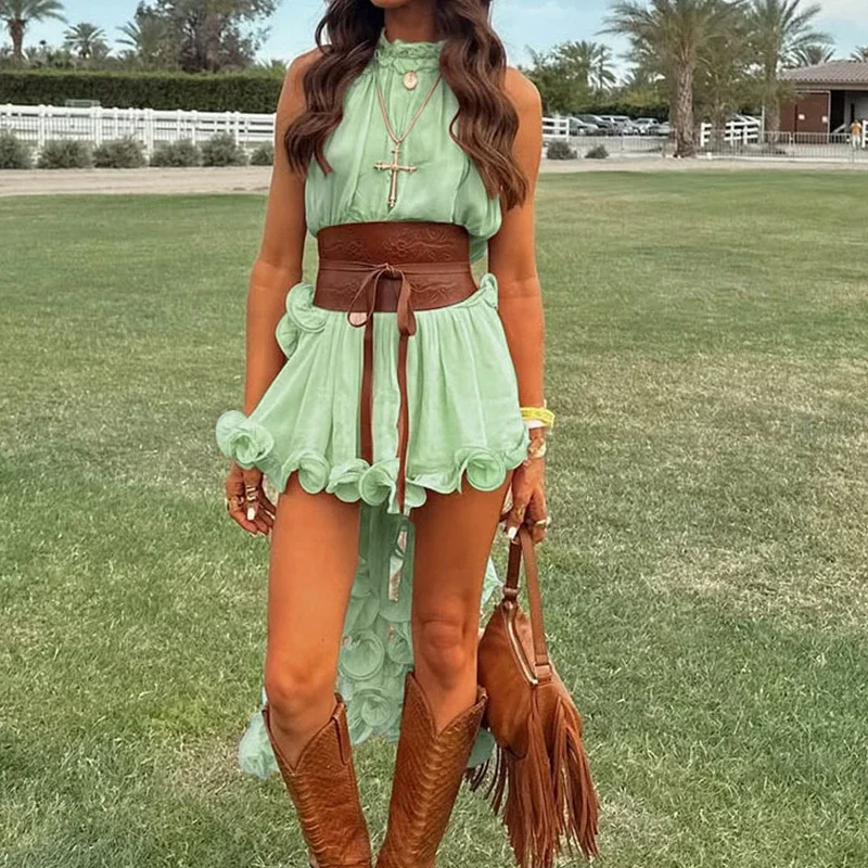 

Casual O Neck Sleeveless Irregular Tank Tops&Mini Skirts Sets Fashion Ruffles Loose Set Cowboy Style Solid Color Chiffon 2 Piece