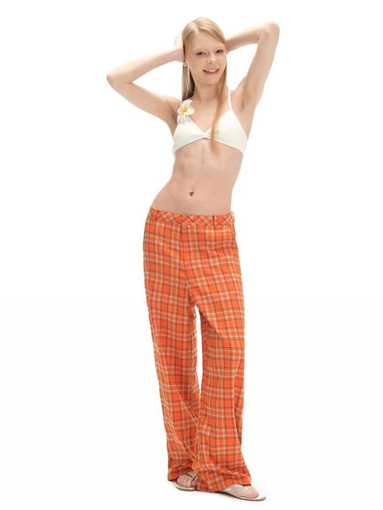 ReddaChic Tartan Retro Casual Wide Pants Women High Waist Pleated Draped Lightweight Orange Long Trousers Beach Vocation Clothes