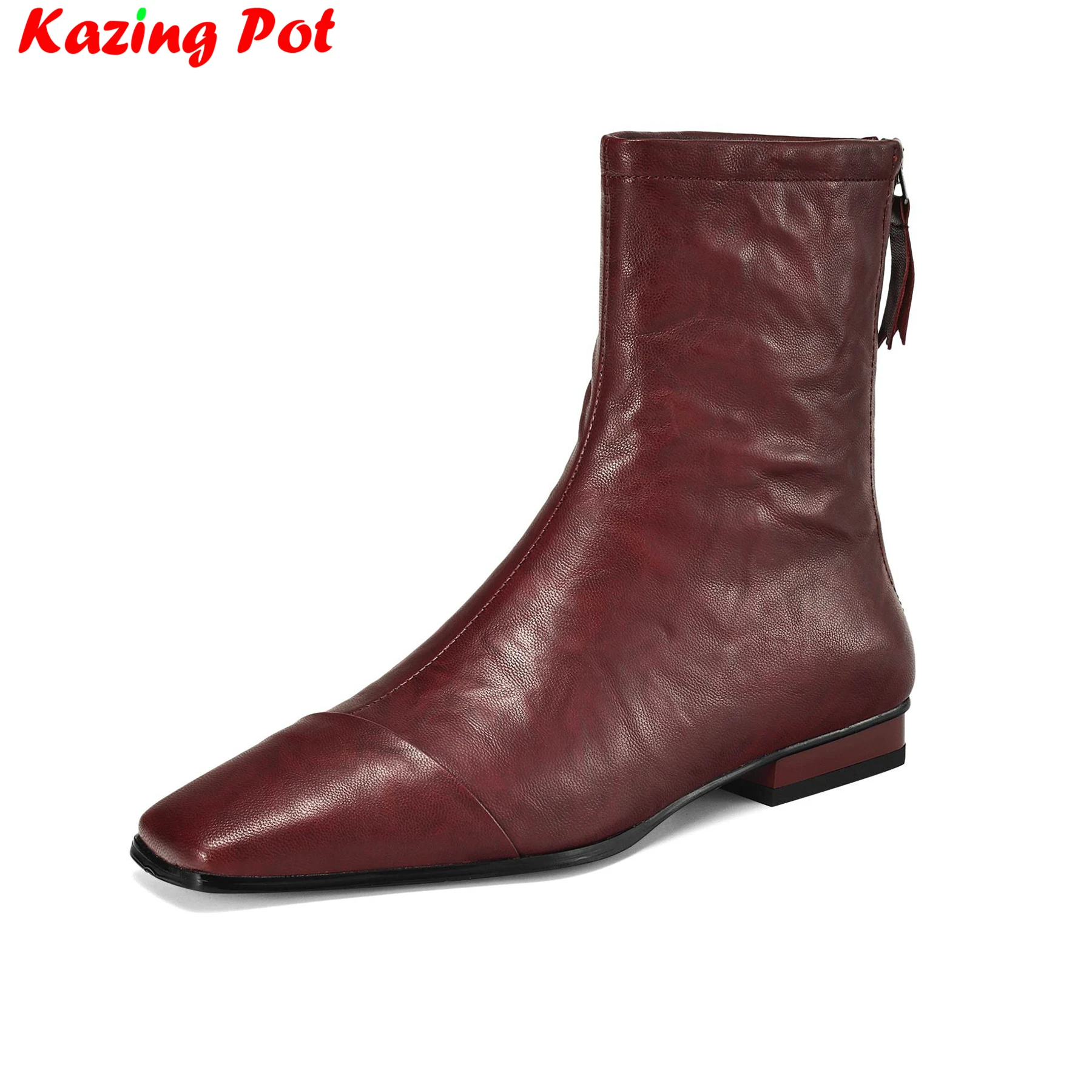 Krazing Pot Plus Size 34-43 Genuine Leather Lowheels Modern Boots Chic Winter Shoes Pleated Runway Square Toe Women Ankle Boots