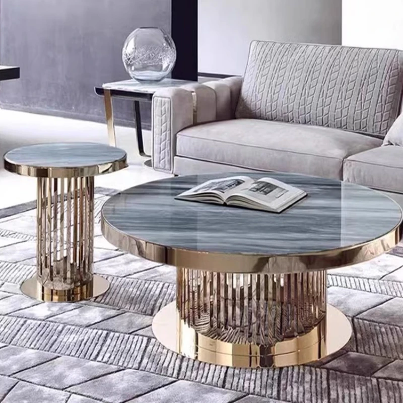 

Stainless Steel Coffee Table Italian Light Luxury Natural Marble Living Room Furniture round Combined Tea Table Nordic