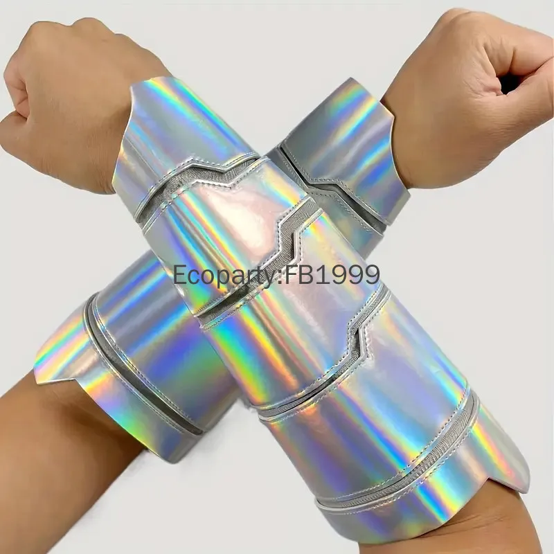 Men Medieval Cosplay PU Leather Armor Arm Warmers Lace-Up Silver Pirate Knight Gauntlet Wristband Bracer Steam Punk Accessories