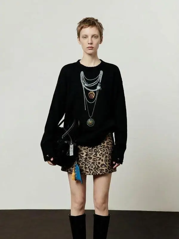 

Bla Furry Leopard Claw Chain Knitted Sweater Women's Loose Fit Winter New Sle Casual Sle Long Sve round Ne Top