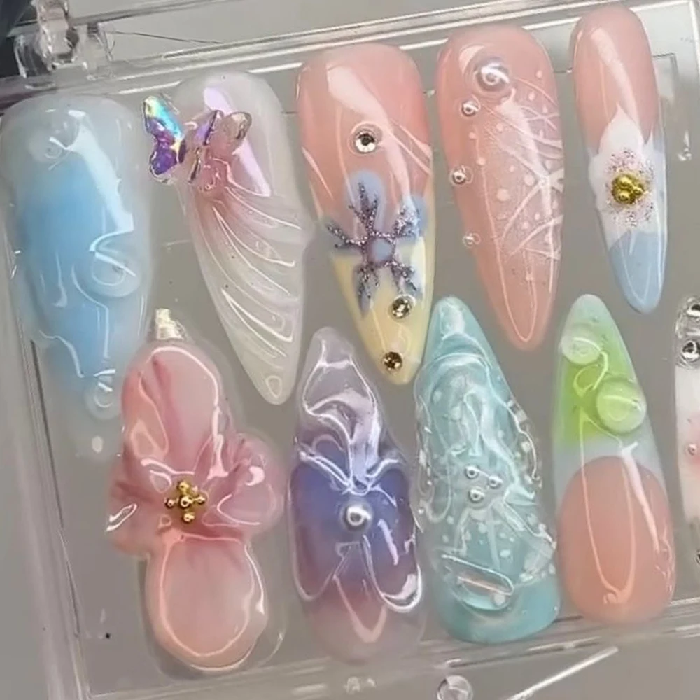 Stiletto 3D Lily Flower Press On Nails Art Butterfly Painting Gel Summer Fresh Handwork Fake Nails Nail Party Sticker Gift