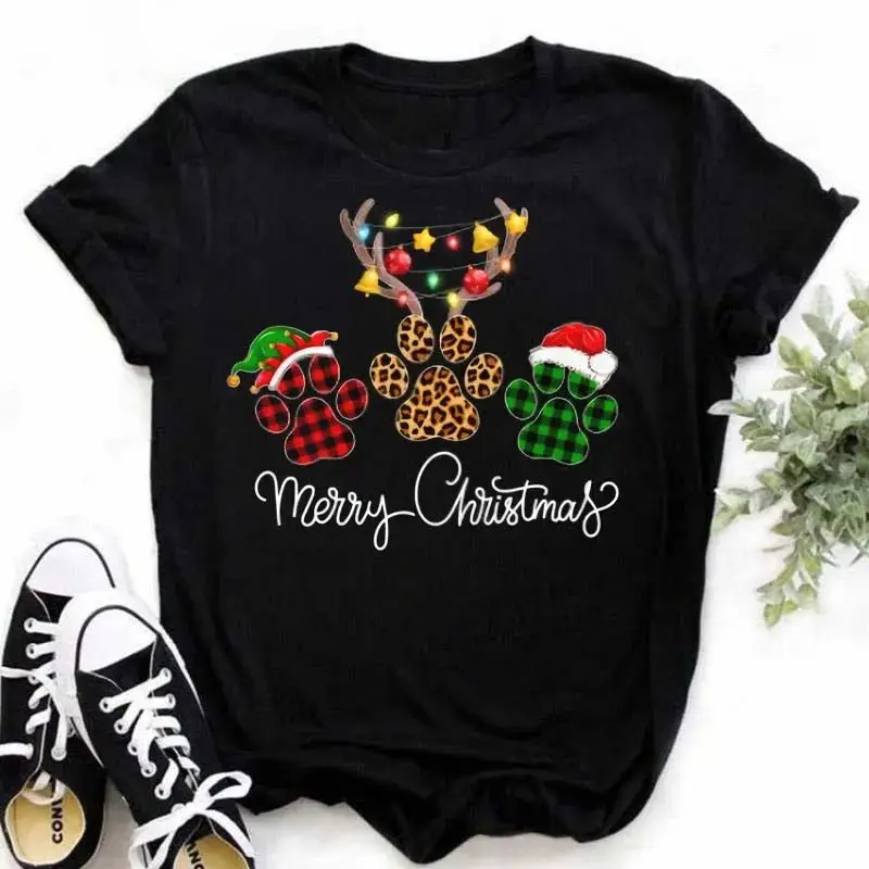 

Cartoon Christmas Print Women's T-shirt Slim Fit Nine Sleeve Length Henry Collar Youth Fashion Dog Pattern Ladies Top