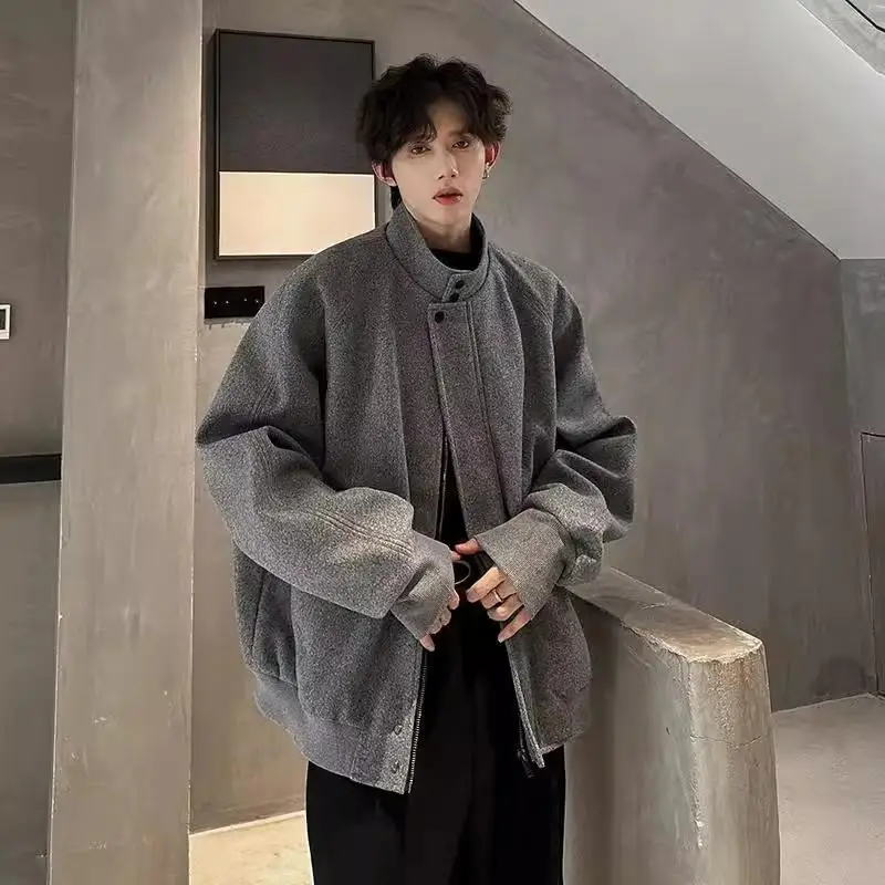 

American Style Grey Stand Collar Woolen Coat Men's Autumn Winter Short Fashionable Korean Style Suit Jacket Casual Wear