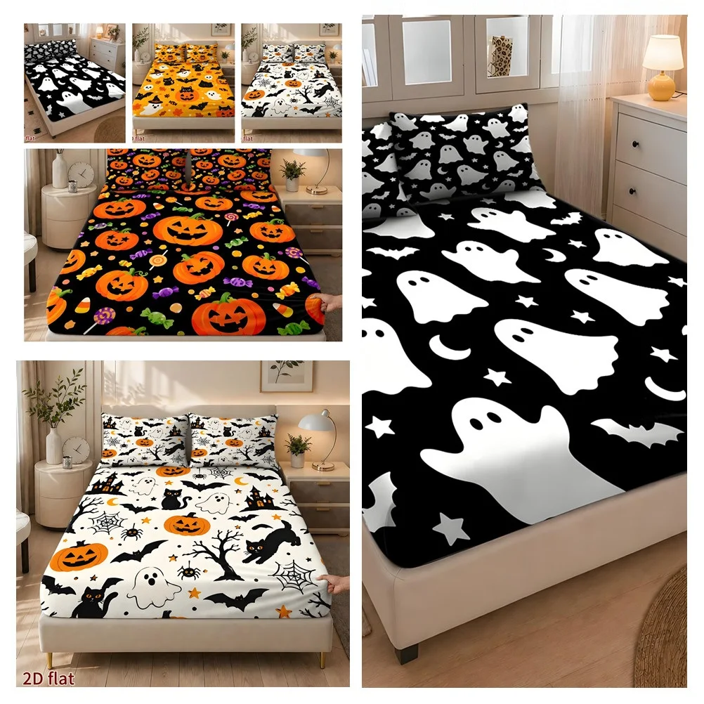 Beadspread Pillowcase Polyester 2D Digital Print Three-Piece Bedding Set Multi-Size (Includes 1 Fitted Sheet + 2 Pillowcases) 3-Piece Set, Large Capacity Deep Pocket 2D Printed Fitted Sheet and 2 Pillowcases Bedding Mattress Protector Fitted Elastic Style Protective Cover Mattress Protector, Suitable for All Seasons, Machine Washable Design Halloween Holiday Decoration
