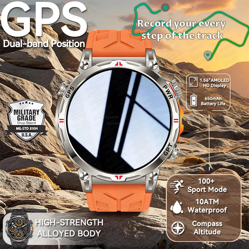

New Millitary Grade Sport Health GPS Position Smart Watch Men 10ATM Waterproof Compass 650mAh Battery 1.56"Call Smatwatches IOS