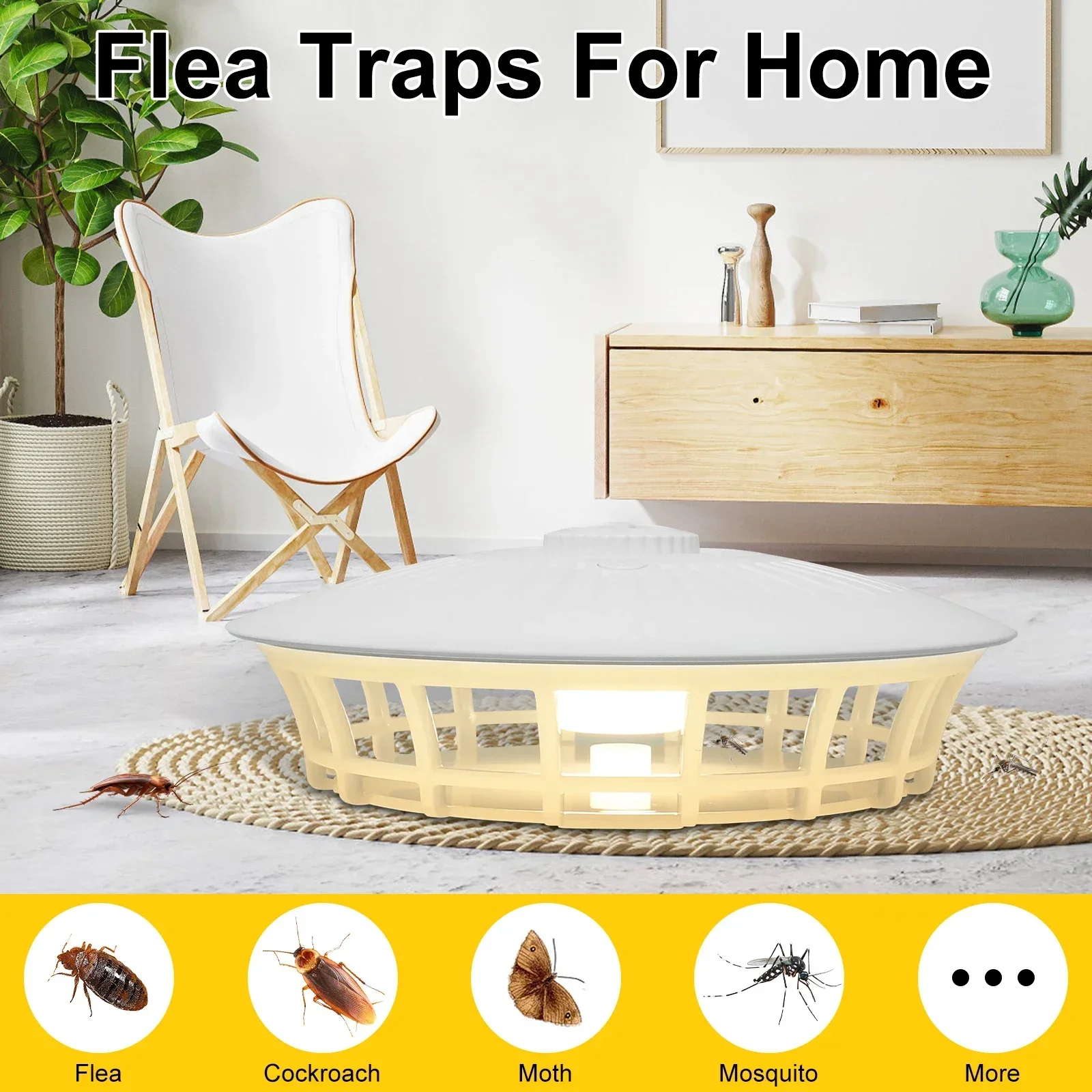 Armadilhas para pulgas LED com 5 almofadas pegajosas para pulgas USB 4 modos de luz Coletor de lâmpada elétrica interna para pulgas, baratas, armadilha para mosquitos