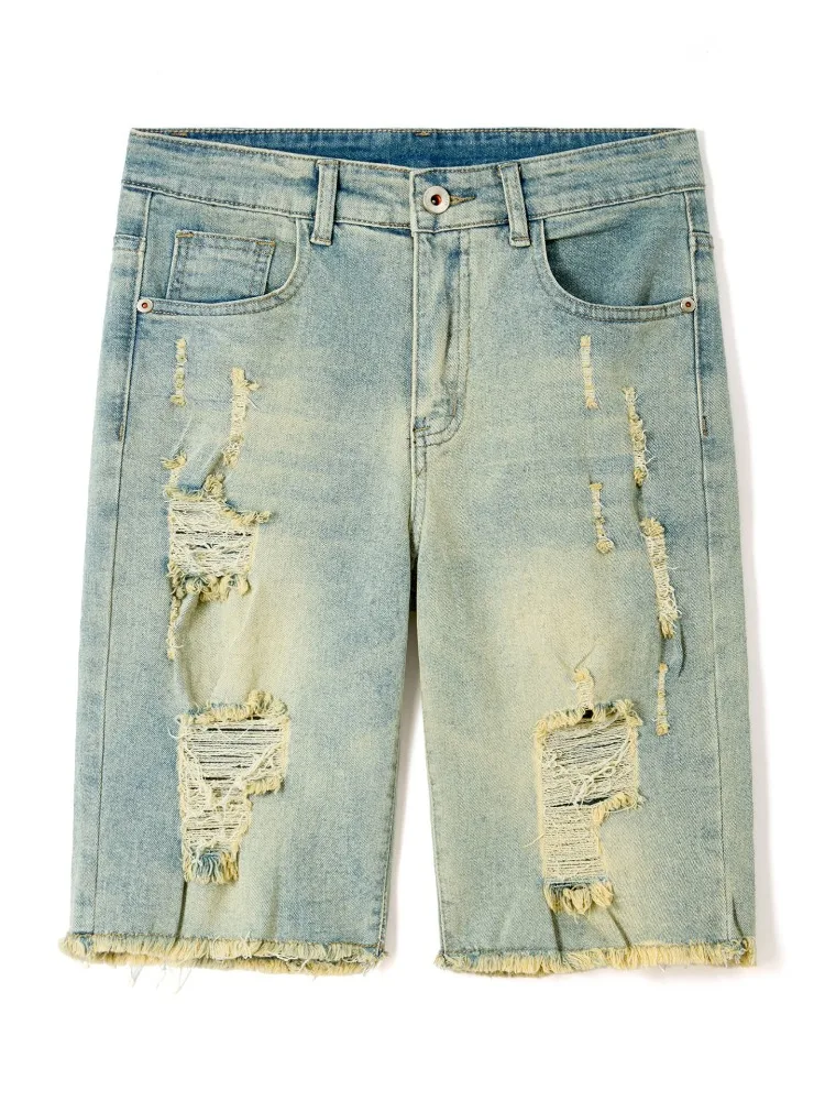 

Мужские рваные джинсовые шорты в стиле ретро, летние, новые, модные, облегающие, в стиле хип-хоп, с дырками, стрейчевые, потертые джинсы