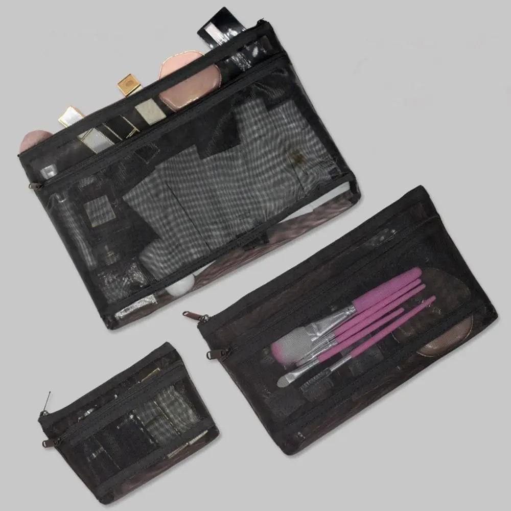 Mesh Transparent Mesh Cosmetic Bag S/M/L Capacity Cosmetic Organization Makeup Pouch Double Layered Makeup Bag Organizer