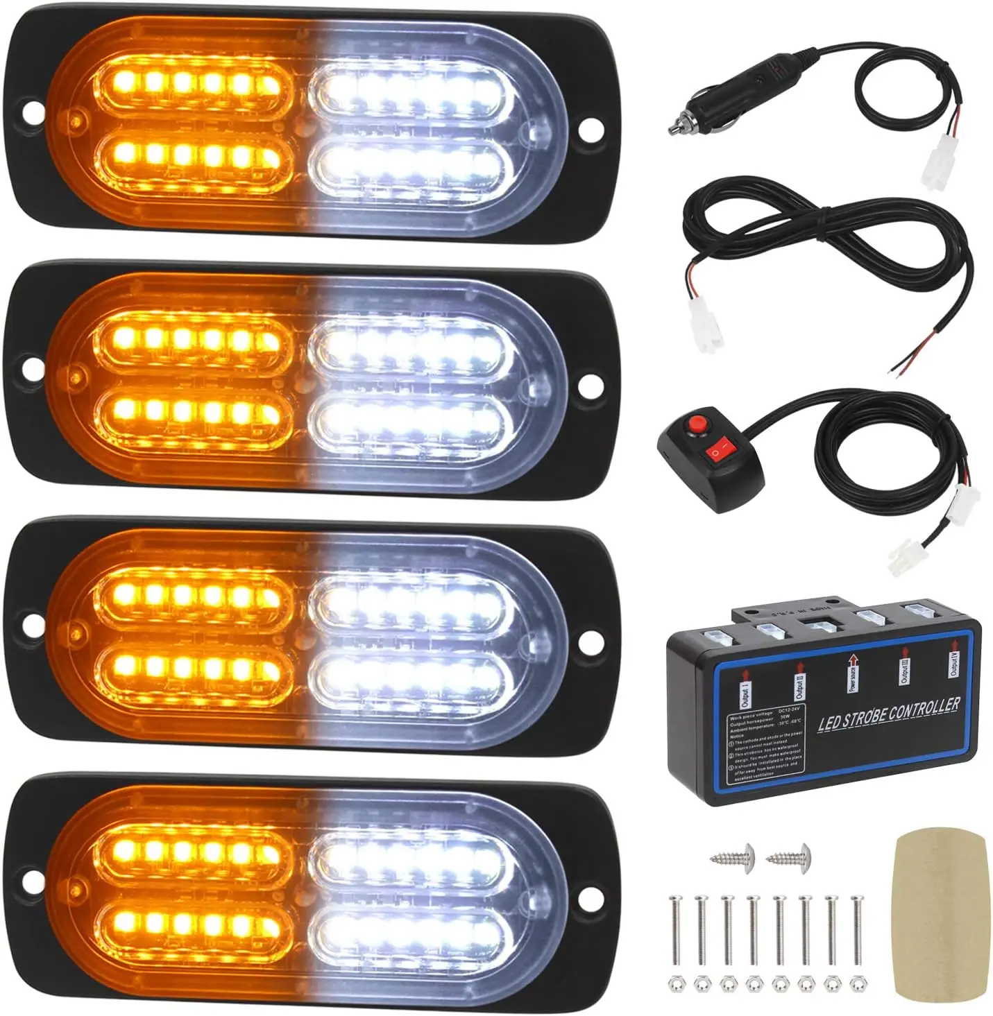 4-Piece Ultra Slim Synchronized 24-LED Surface Mount Emergency Hazard Warning Strobe Lights with Controller for Trucks