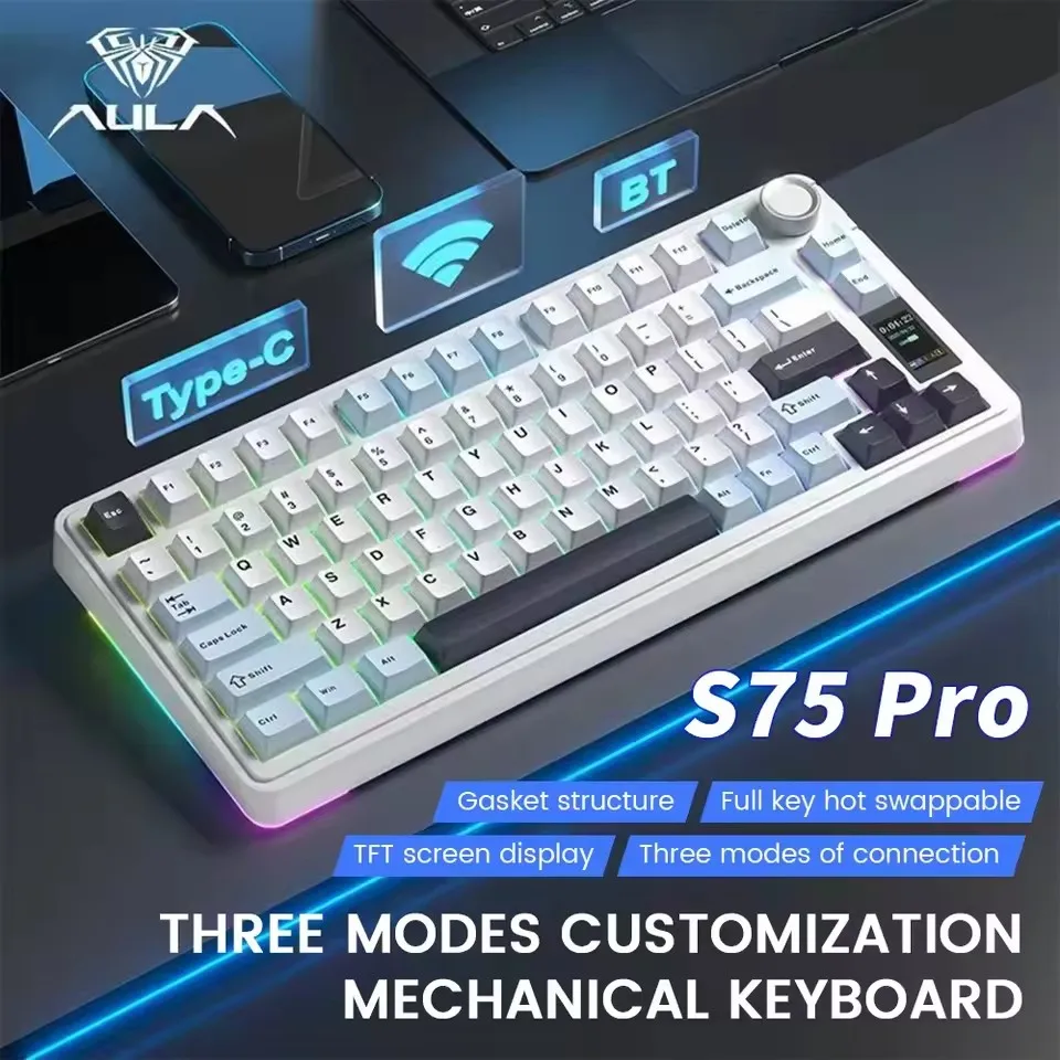 AULA S75 Pro Gaming Mechanical Keyboard Tri-Mode HotSwappable PBT Keycaps Pre-lubed Switch 75% Layout with Screen Knob for Gamer