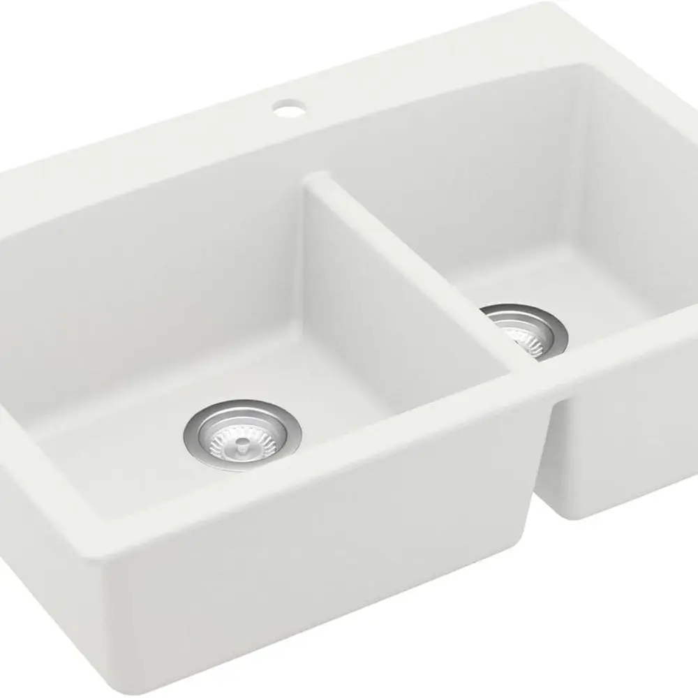 

33-Inch Quartz Composite Drop-In 60/40 Low-Divide Double Bowl Kitchen Sink, Top-Mount, White, Heat & Scratch Resistant, Pre-Dril