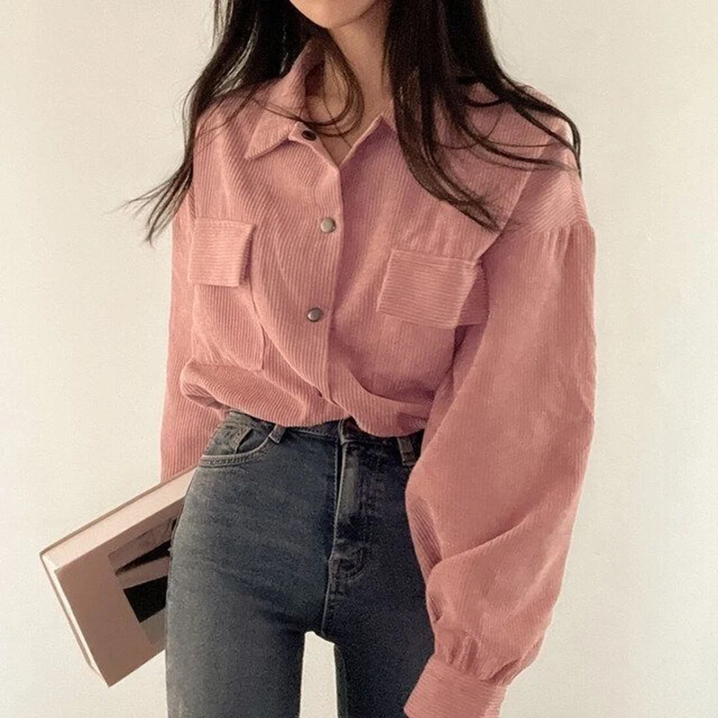 Rimocy Chic Pockets Long Sleeve Cropped Blouse for Women Corduroy Drawstring Short Jacket Woman Korean Wild Solid Color Coats