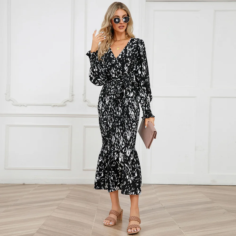 New Fashion Women's Vintage Long Sleeve V Neck Dress Ladies Elegant Evening Party Club Dress Vestidos 2023 Autumn New Free Ship