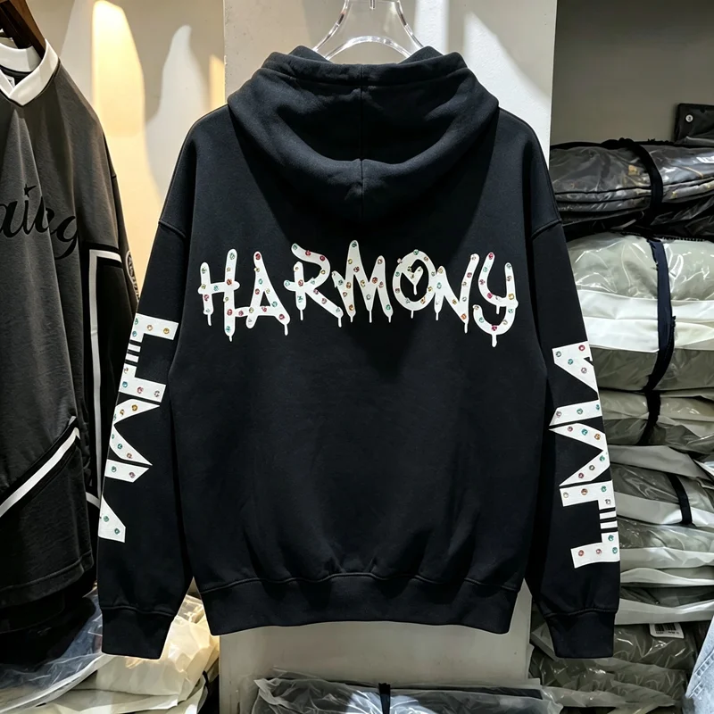 Colorful Embroidery Rhinestone Label Zipper HARMONY Hoodie Winter Men Women American Streetwear Loose Washed Do Old Pullovers