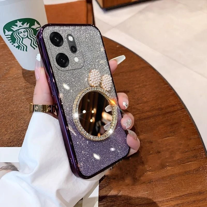 

for OPPO Reno 14 Pro 5G 14F Cute Rabbit Bling Mirror Case For OPPO Reno 14 Pro 14F 5G Pearl Cover Chain Shockproof Case