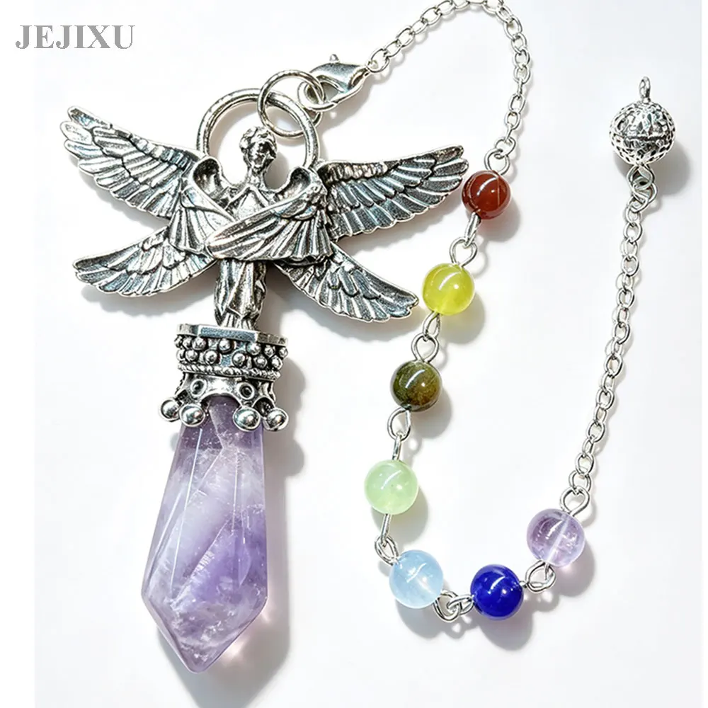 Vintage Angel Wing Crystal Pendulum for Divination Dowsing Natural Gem Stone Fluorite Clear Quartz Pendant Chakra Pendulos X460