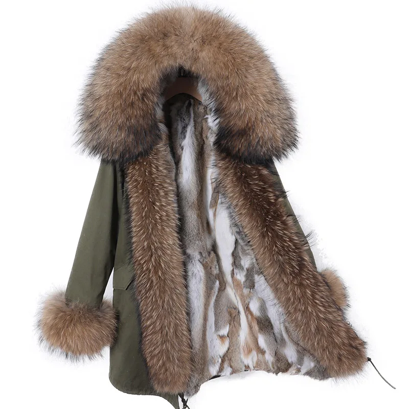 Maomaokong 2023 Real Natural Raccoon Big Fox Fur Collar Parkas Long Female Winter Rabbit Lining Inner Jacket Fur Coat Outerwear