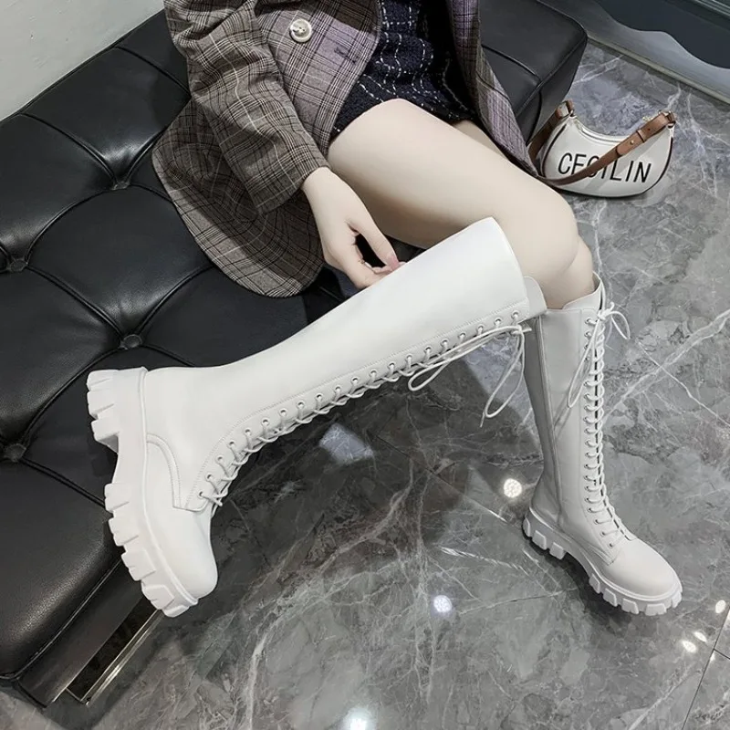 Women Knee High Boots Lace Up Combat Booties Platform Lug Sole Round Toe Side Zipper Tall Winter Streetwear Footwear Black White view 6