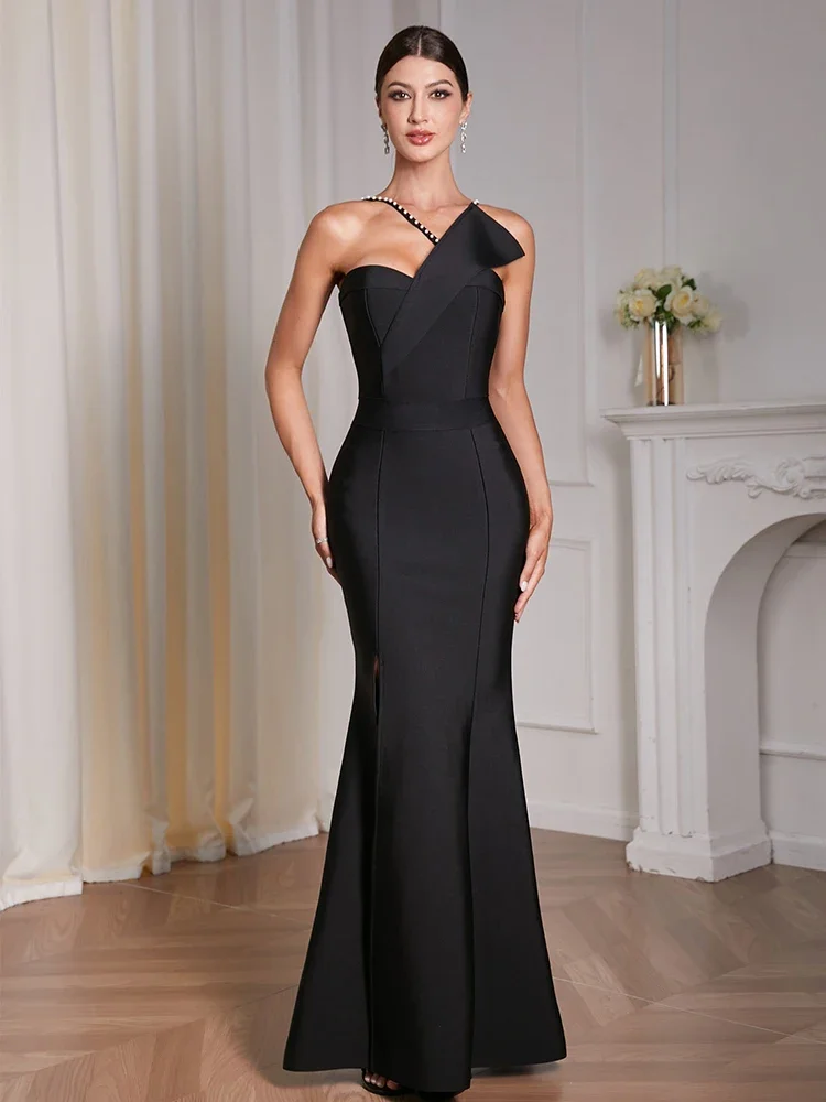 

Sexy Beaded Straps Asymmetrical Neck Long Bandage Dress Women Black Sleeveless Split Bodycon Dresses Evening Party Gowns