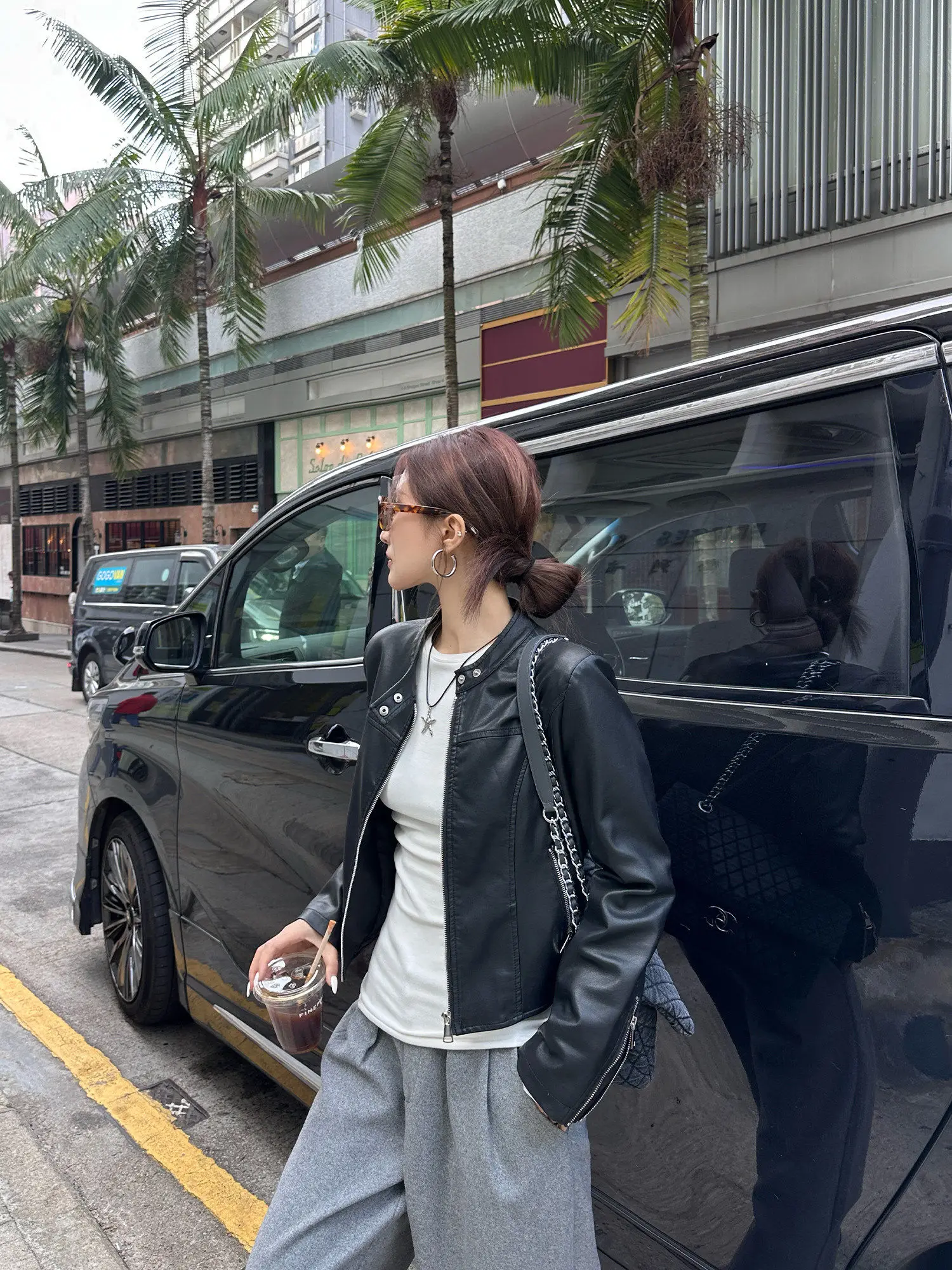 【FANGTING】Women's Black Cropped PU Leather Jacket Spring Stand Collar Zip Up Moto Biker Coat
