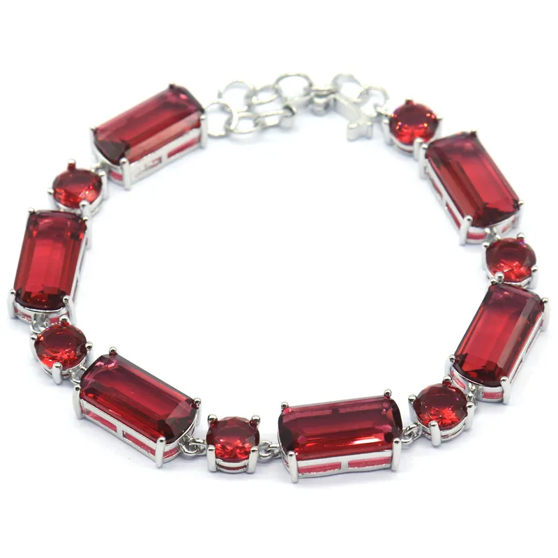 

13x11mm SheCrown 16.9g Red Blood Ruby Violet Tanzanite Pink Kunzite Woman's Present Silver Bracelet 7.5-8.5"