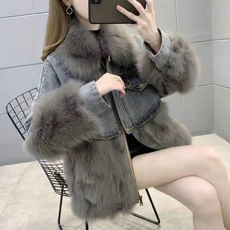 2024 Fur Coat High-end Denim Fur Korean Version Overcoming Casual Cotton Denim Coat Fashion Winter Stitching Down Jacket Y129