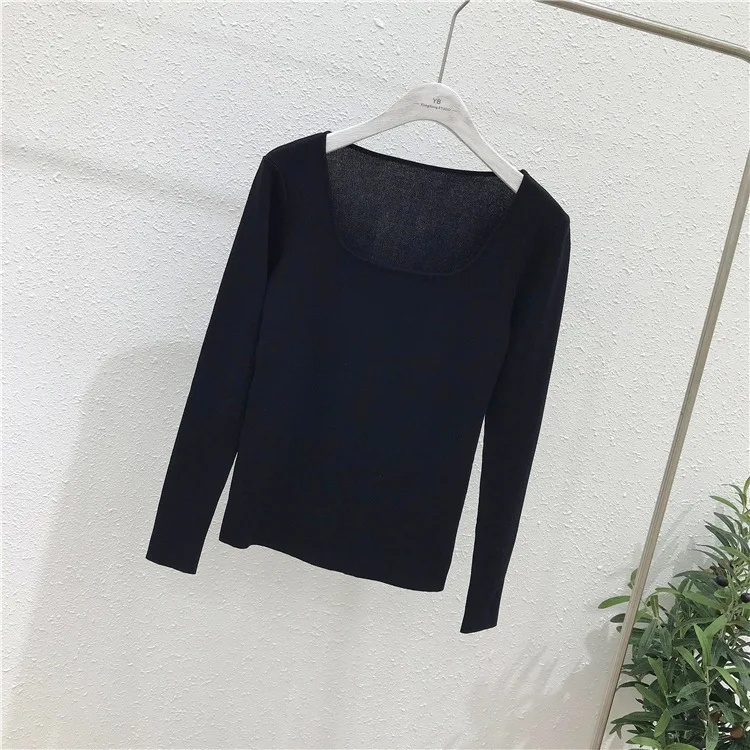 

Корейская версия 9920, простой вязаный свитер с квадратным воротником и открытой ключицей, с длинным рукавом, высокая эластичность, облегающий топ для внутренней одежды