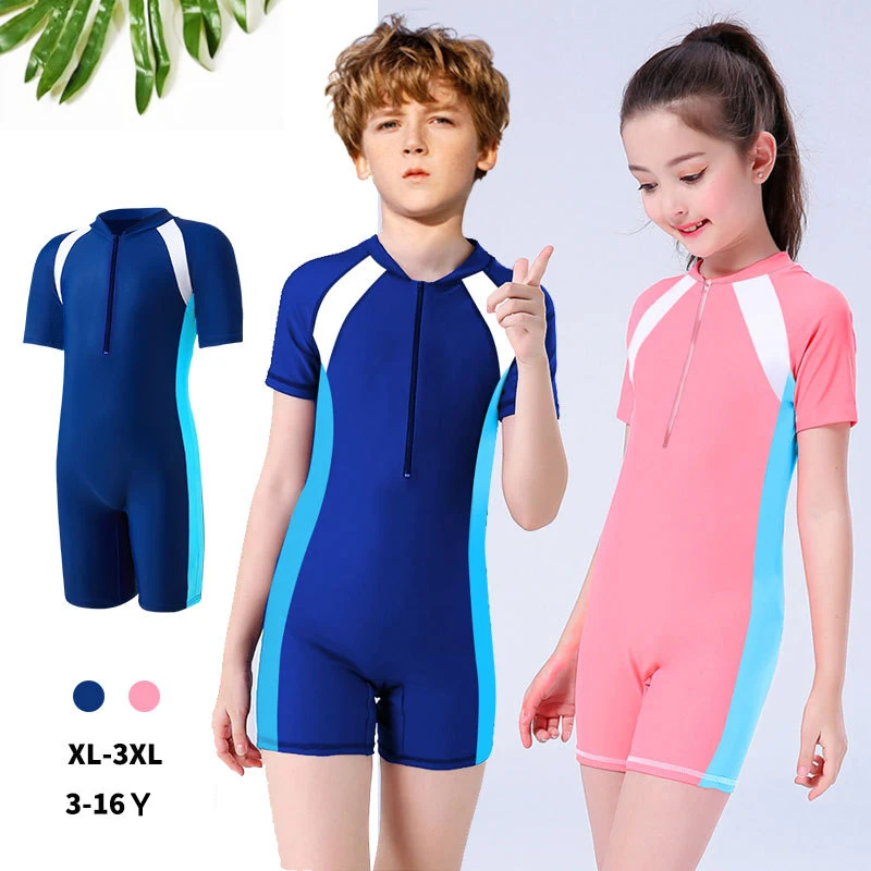 

Children's Swimsuits Boys and Girls Short-sleeved One-piece Swimsuit Beach Sunscreen Stretchy Quick Dry Zipper Swimsuit