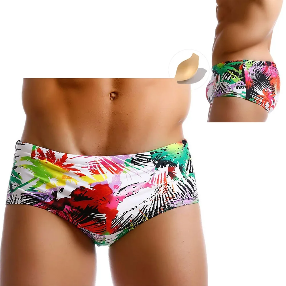 

Мужские брюки для плавания с логотипом на заказ, тропическая кокосовая пальма, цветные чернила с принтом, маленькие брюки для плавания с плоскими углами, модные пляжные четыре угла
