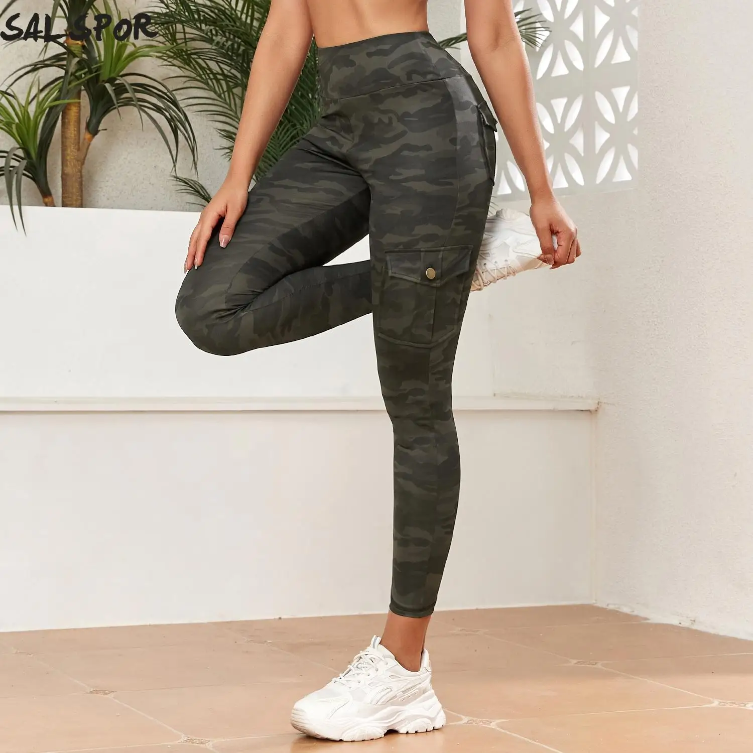 SALSPOR Camouflage Pocket Yoga Pants Seamless Digital Print Sports Legging High Waist Butt Lifting Fitness Tight Activewear