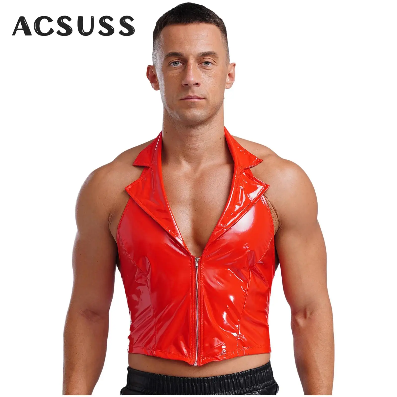 Men Wet Look Patent Leather Vest Tops Notched Lapel Punk Tank Top Sissy Gay Sleeveless Zipper Waistcoat Crop Nightclub Clubwear