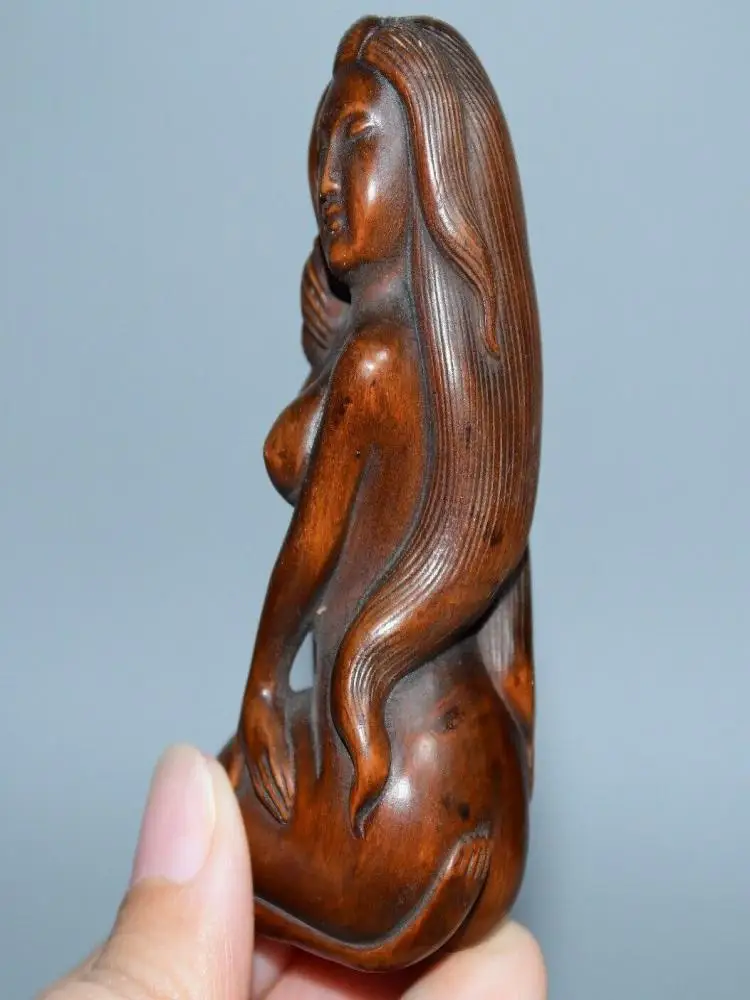 Chinese Boxwood Wood Carving Sexy Woman Figure Statue Wooden Sculpture Decor Art