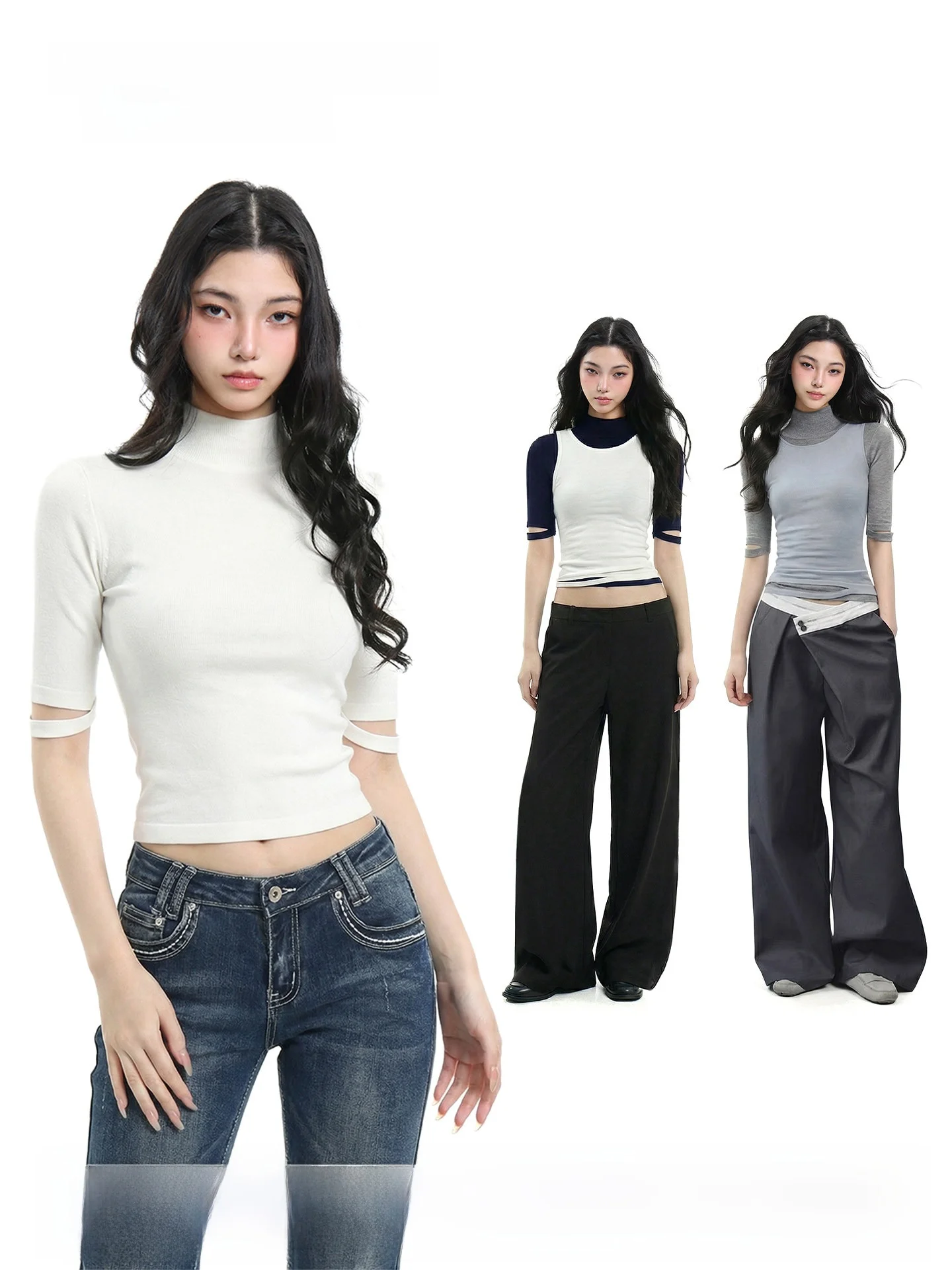 

Slim Fit mid Sleeve T-Shirt Women's Waist Cinching Half High Collar Base Layer Short Sleeve Top Uncmhisex American Style