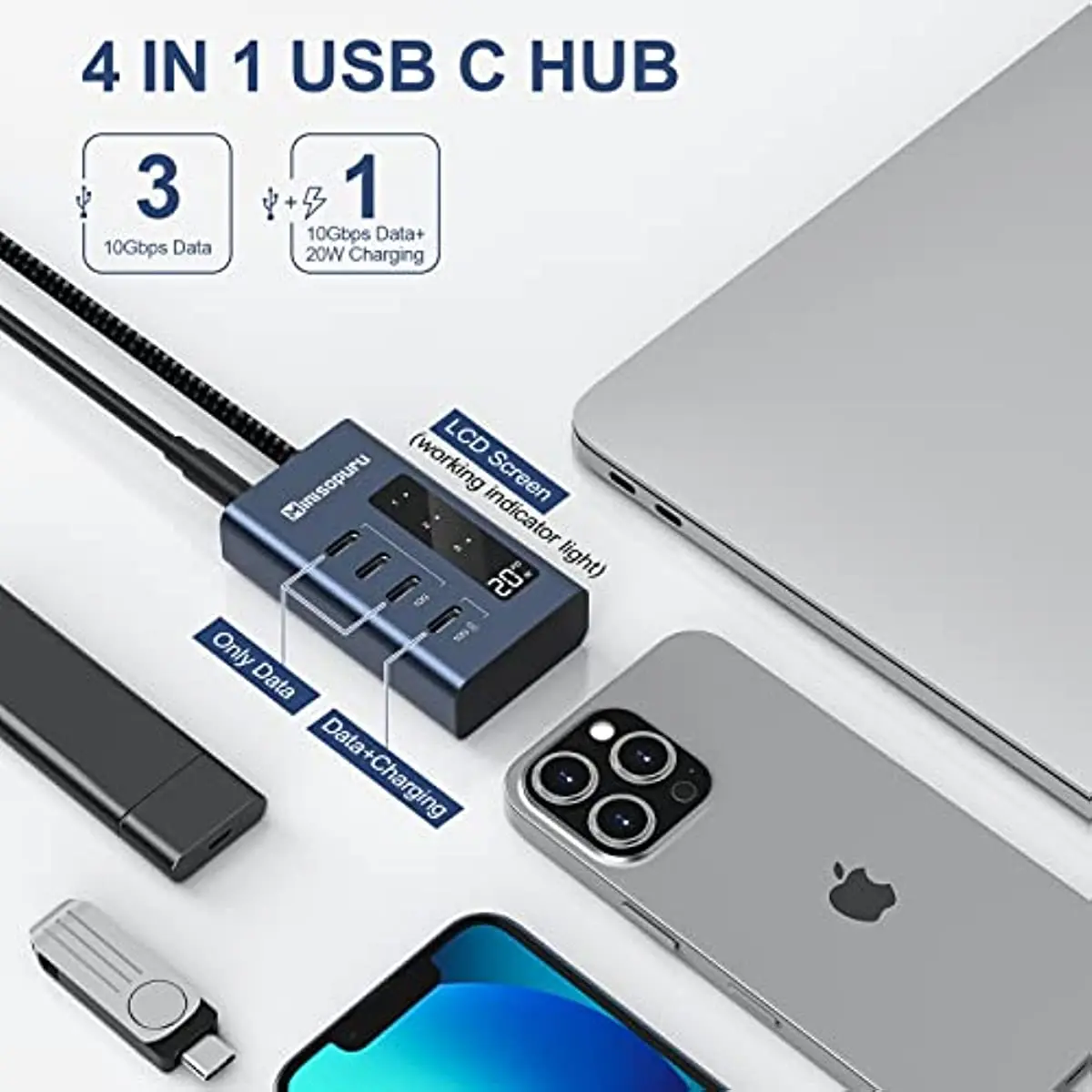 Imagem -02 - Minisopuru Hub Usb Hub 10 Gbps Usb tipo c para Usb 3.0 x4 Puertos Compatibles Con Datos y Carga Inteligente Adaptador para Macbook Pro Air Imac Ipad Teléfono Chromebook Divisor Usb c Hub