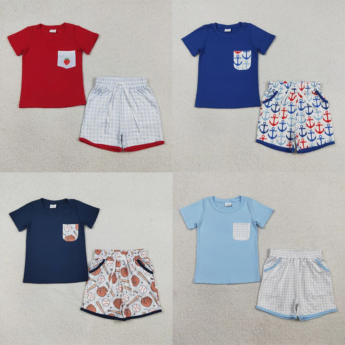 Baby Boy Strawberry Baseball Fishing Clothing Short Sleeves Cotton T-shirt Plaid Shorts Children Kids Sets Outfit Wholesale