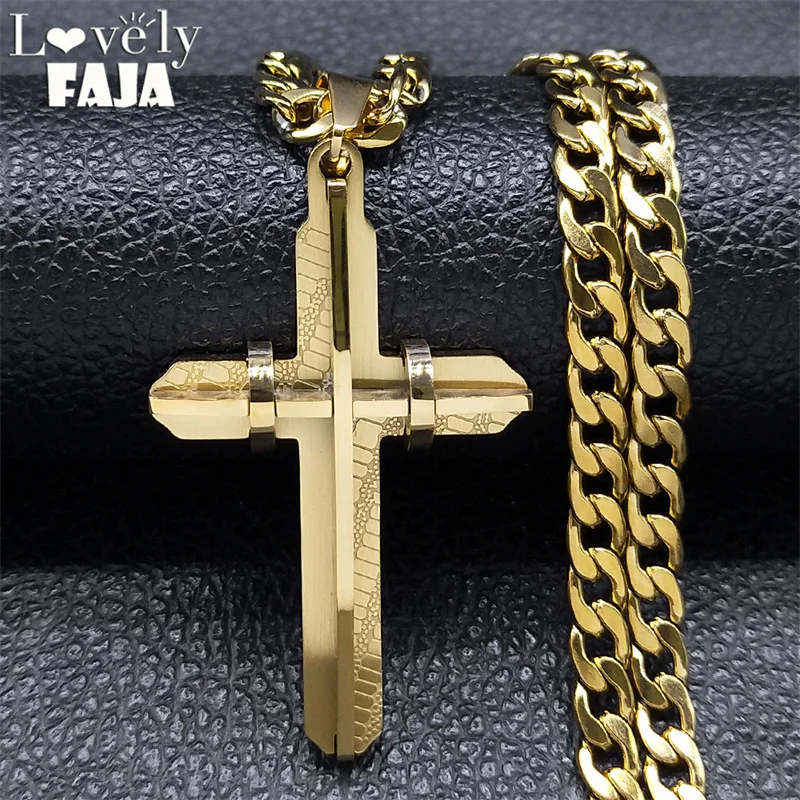 Men\'s Cross Male Crucifix Long Necklace for Women Stainless Steel Gold Plated Christian Long Necklaces Biker Jewelry N2341S03