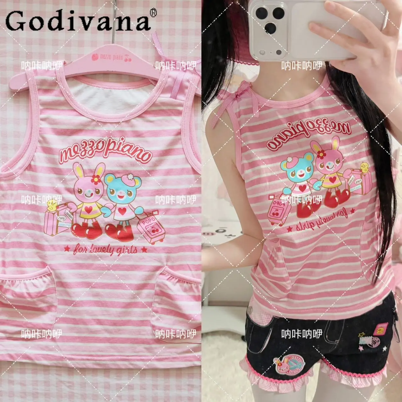 

Новинка 2026: Розовый топ без рукавов в полоску с мультяшным принтом в стиле Y2K для девочек, повседневная одежда в стиле субкультуры, милый летний топ для дочерей