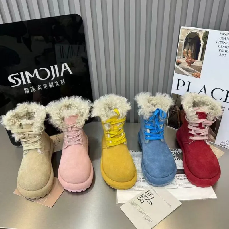 Winter new style versatile thick and fluffy plush moccasins. Dopamine color 5-color laced thick-soled snow boots.