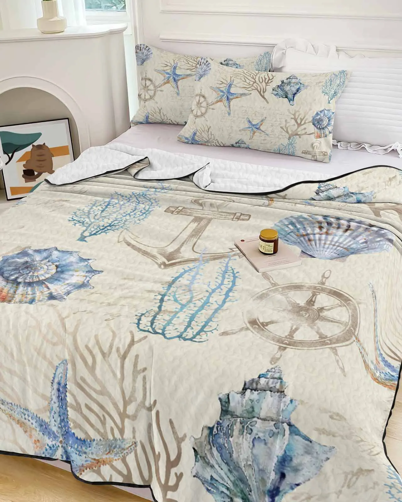 

Ocean Coral Shell Starfish Ship Anchor Rudder Retro Summer Cooling Quilt Air Condition Blanket Lightweight Thin Quilt